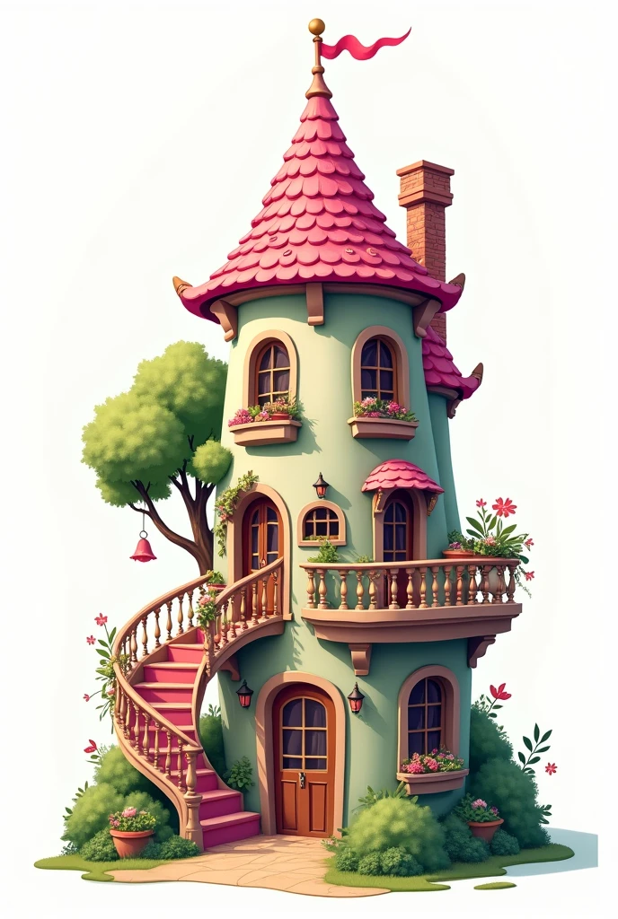 Illustration art digital d'une maison originale rose, et verte, avec des escalier et un balcon, centrée sur fond blanc uni