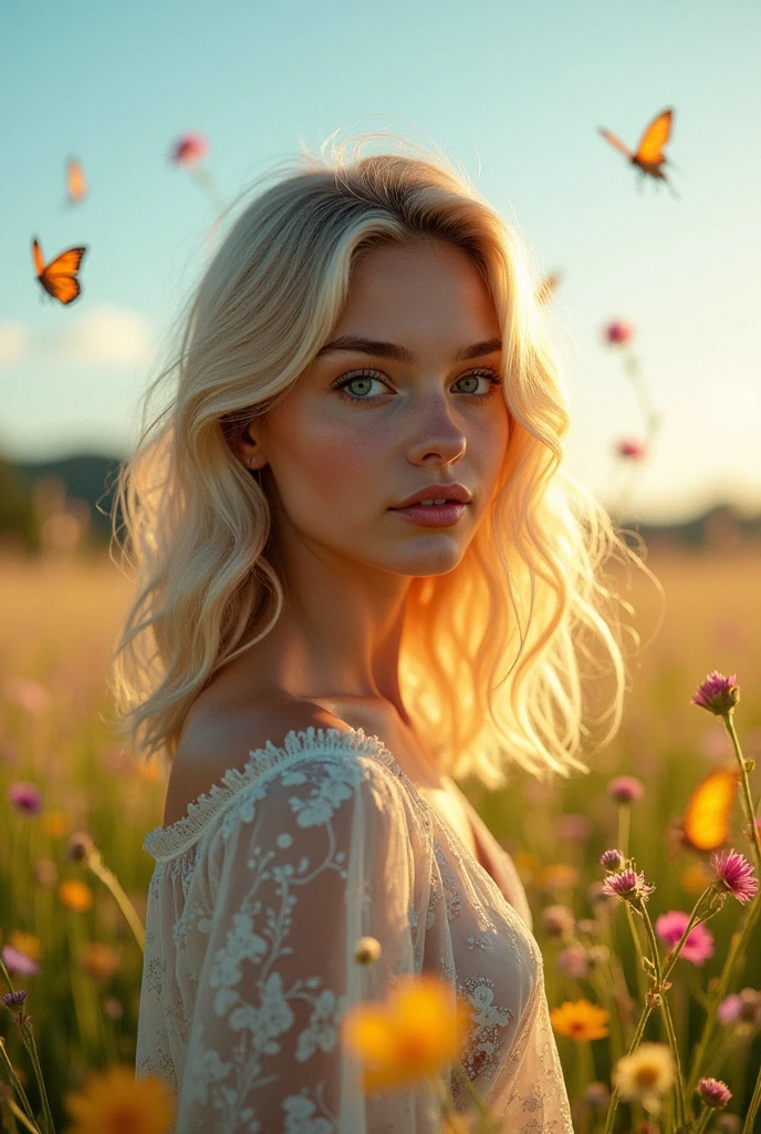 A 26 year old girl, medium and wavy 2B blonde hair with fine and delicate features