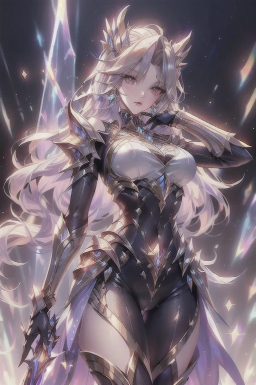 super realistic image, high quality uhd 8K, of (1 god girl, Hilyn), detailed realistic ((athletic body, high detailed)), ((tall model)), (skinny waist), ((beautiful bright blonde long hair)), ((no beard)), high detailed realistic skin, (((powerful and fantastic full armor, divine golden fantasy armor))), (((casting lightning magic spells with great golden fantasy sword))), ((white fur cape)), ((magical hearts of light)), (in guardian position, in the valhalla), real vivid colors, standing
