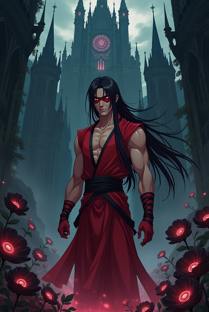 Create a man with the power to manipulate energies, with long black hair and a blindfold that detects enemies on his face, within the dark abyss in anime style. On his side, black flowers and an immense castle. He has a youthful and muscular appearance with a different red outfit. 