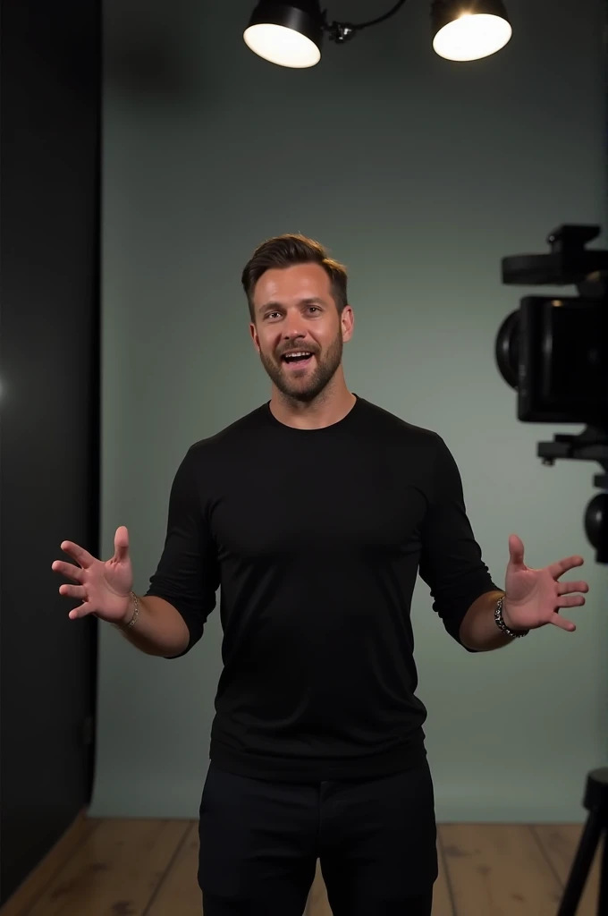 A man wearing full black shirt and shirt,talking in a video