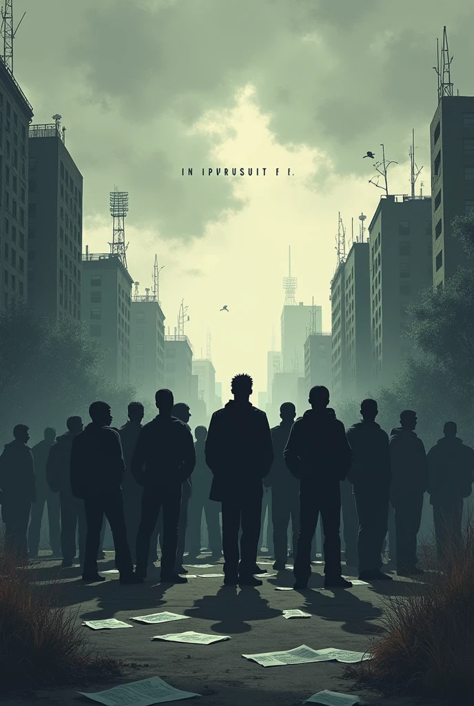 Design a poster titled 'IN PURSUIT OF...' it should be based on unemployment and have a small mob of unemployed people without faces
