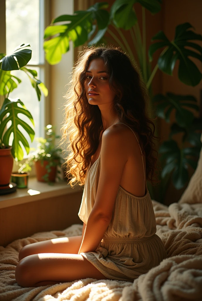 (photorealism:1.2), beautiful woman, sitting on bed, nothing wearing , long curly hair, indoors, soft lighting, plants in background, window with sunlight, cozy room, relaxed pose, realistic, intricate details, warm colors, by Greg Rutkowski, by Alphonse Mucha