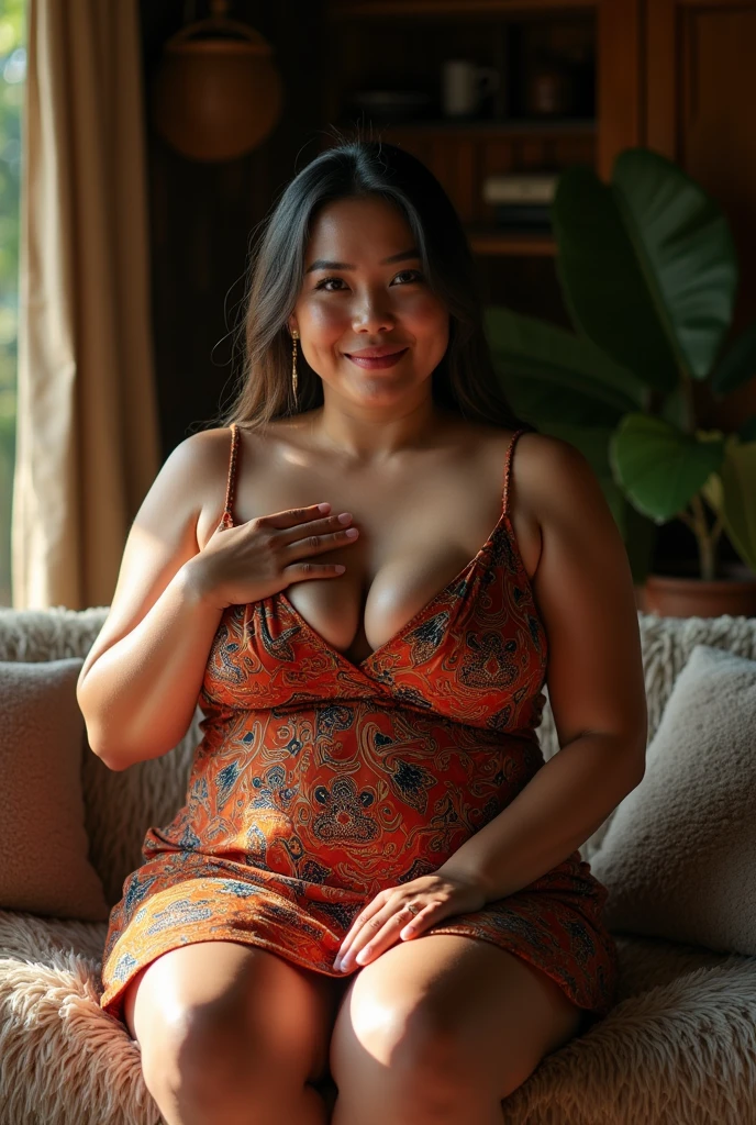 (hyperrealistic photo), exotic beautiful indonesian woman, plump, natural , knee-lenght sleeveless batik housedress with intricate abstract details, sit on fluffy sofa, sensual pose,  expression, her hand squeeze her  and her ,  looking at the viewer, natural light, wide angle full-body shot, indonesian village house in the background,