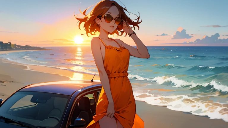 The theme is a scantily clad woman driving an open car along a seaside road.、Please draw a scene of the sun setting.。Woman wearing sunglasses、She is wearing a loose dress、The orange sea and sky spread out in the background.。