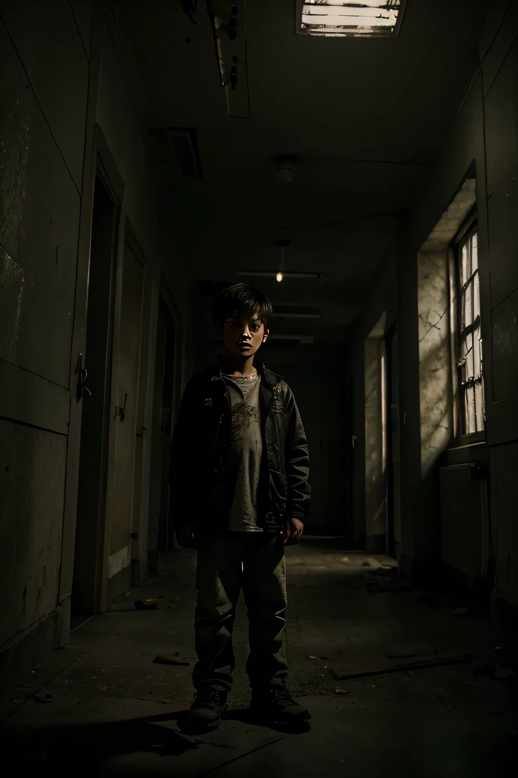 A young boy looking at a huge scary and creepy old hospital,texture rough, captured in ultra photorealistic style, 8k resolution, dramatic lighting, cinematic atmosphere