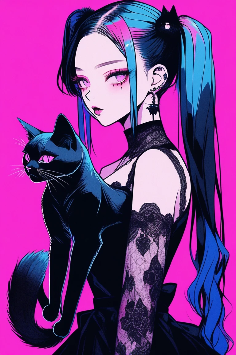 Illustrator, anime , Realistic ,sketch , 1 person, model, Age 25, lip, A sheer black gothic mini dress with lots of lace and revealing details., order, Blue and pink gradient background, Neon Ponytail Hair, Big Breasts, look back, Upper Body, Holding a black cat, Sexy look, Texture Trim, Canadian, (masterpiece,Highest quality)