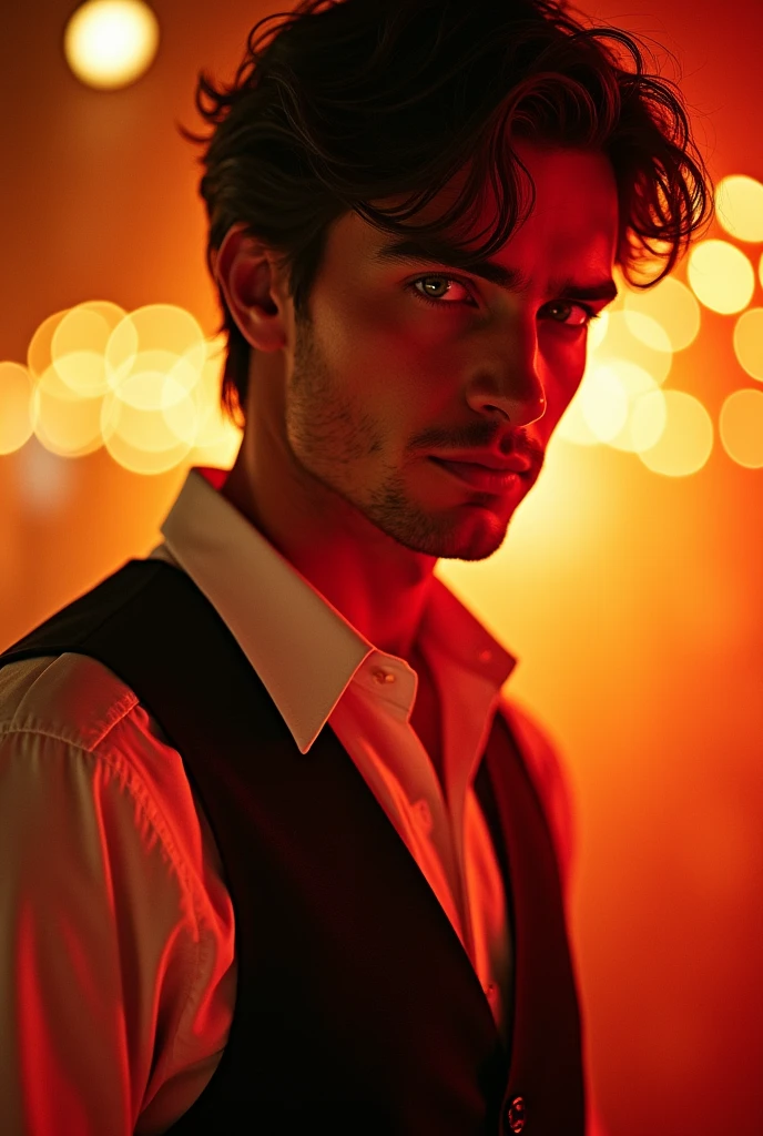 Professional entertainment precisely a Photographer with the name Jack Finney using Red and Golden, add background cinematic Tone. 
