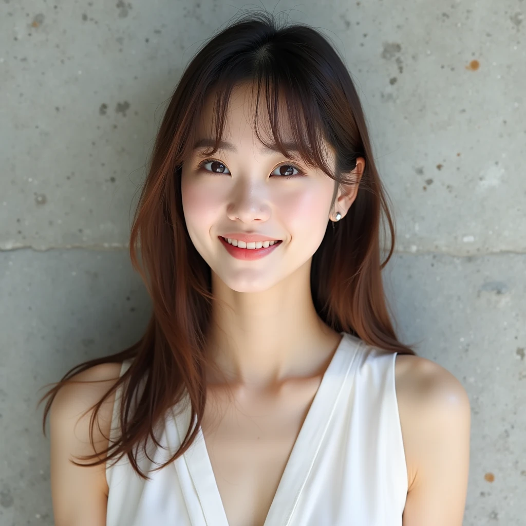 Natural Makeup、Beautiful woman、Beautiful Japanese、Brown hair color、Earrings、White sleeveless blouse、The body is tilted and looking at the camera.、Smiling Kindly、Thready hair、Simple concrete background、No bangs、鎖骨下のHeavy ends、Destructive beauty、Straight Hair、Cute adult woman、Half face、gloss髪、Long bangs、gloss々のStraight Hair、Western style、A different woman from last time、semi-long、Heavy ends、もっとBeautiful woman、サラサラStraight Hair、Cute woman with big eyes、healthy