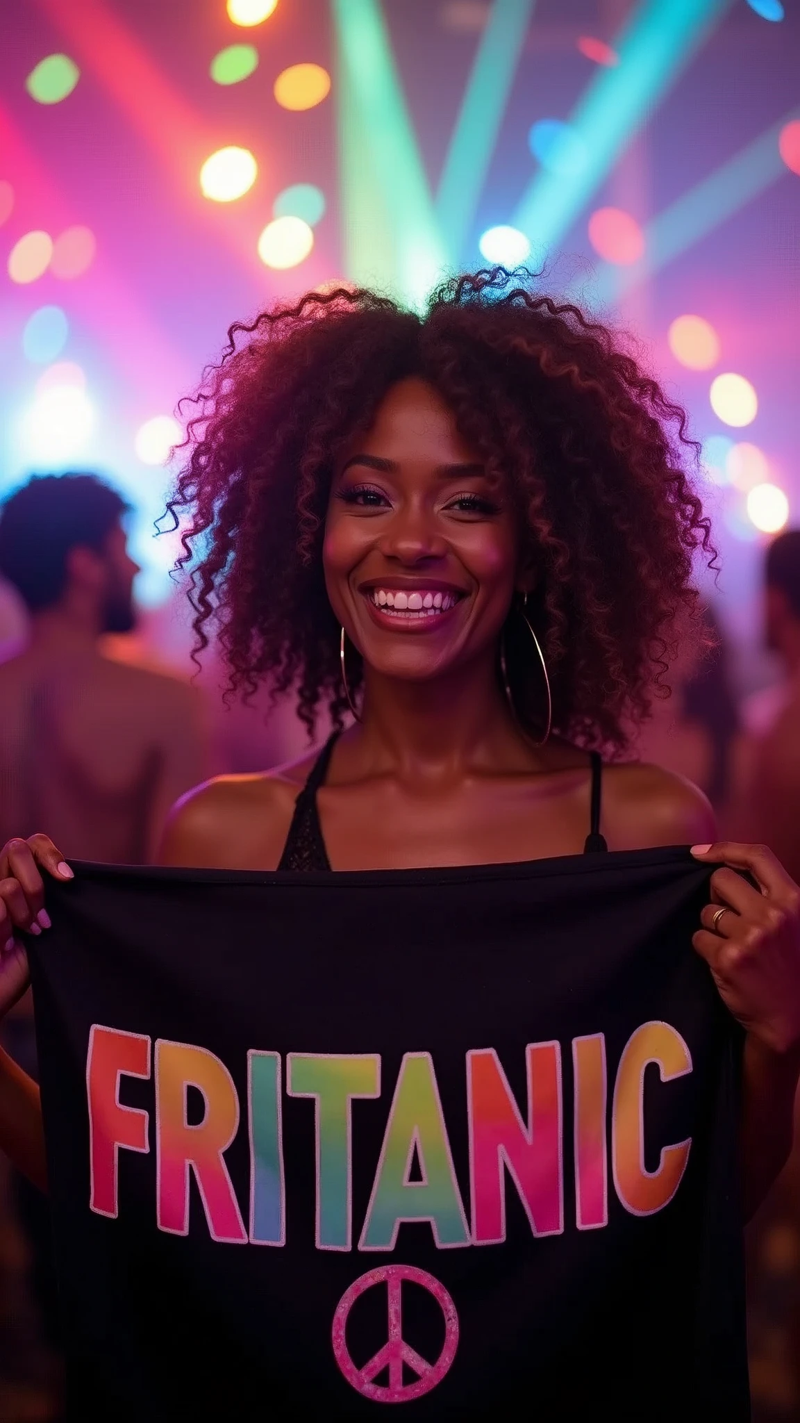 An ultra-realistic and highly detailed image of a black woman with curly hair and light-colored highlights at the tips. She has honey-colored eyes. She is at a rave with lights all around her. She is smiling broadly and holding a black fabric banner with the word "FRITANIC" written in playful, rainbow-colored letters. Next to the word is a fully colored peace and love symbol. The image features a bokeh effect around the woman and a vignette effect. The scene is captured with a Sony A7R IV paired with a 35mm f/1.4 GM lens, ensuring stunning clarity and rich colors. The lighting is vibrant and dynamic, with the rave lights creating a lively atmosphere. The aspect ratio is 9:16, emphasizing the vertical composition 