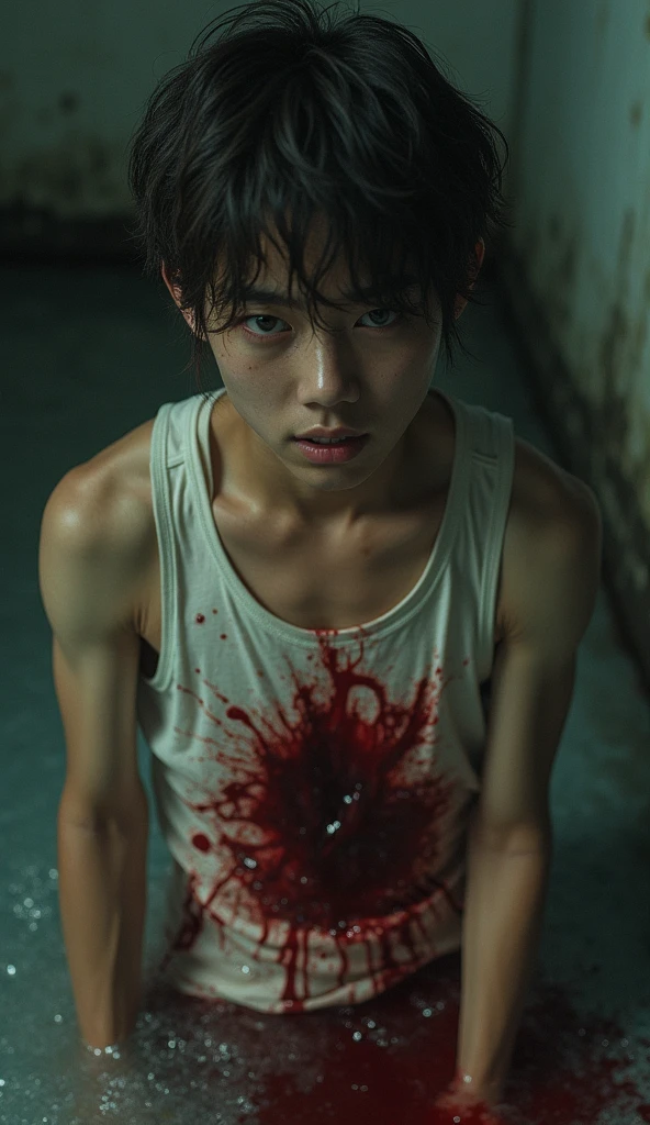 handsome teenage japanese boy, brown hair,painful stab wound in stomach, fainting, bleeding wound, pained and scared expression, blood on floor, bloody white tanktop, short pants and no socks, covering wound with tanktop, holding wound with bloody hand, drowning in the deep water, slightly spreading blood in water, trail of blood, massive bleeding, detailed facial features, highly realistic, cinematic lighting, dramatic shadows, muted color palette, dramatic composition