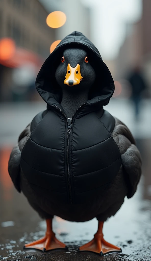 The duck's feathers are dark gray., But not feathered as usual, He was wearing a black hooded jacket,It fits perfectly.. The hood covered his head and neck., Serious expression
