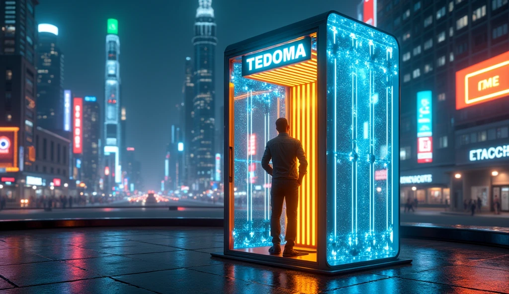 There is a phone booth in a futuristic city, written on the booth: TEDOMA, positioned on the right corner of the image,  contrasting colours, rendered in keyshot, futuristic cabins, cabine no estilo TRON LEGACY, lights in blue and golden colors, cabin made of glass, transparent cabins, cyberpunk, Time Machine, represented as a 3D rendering, 3D rendering beep, promotional rendering, sci-fi magic highly detailed.