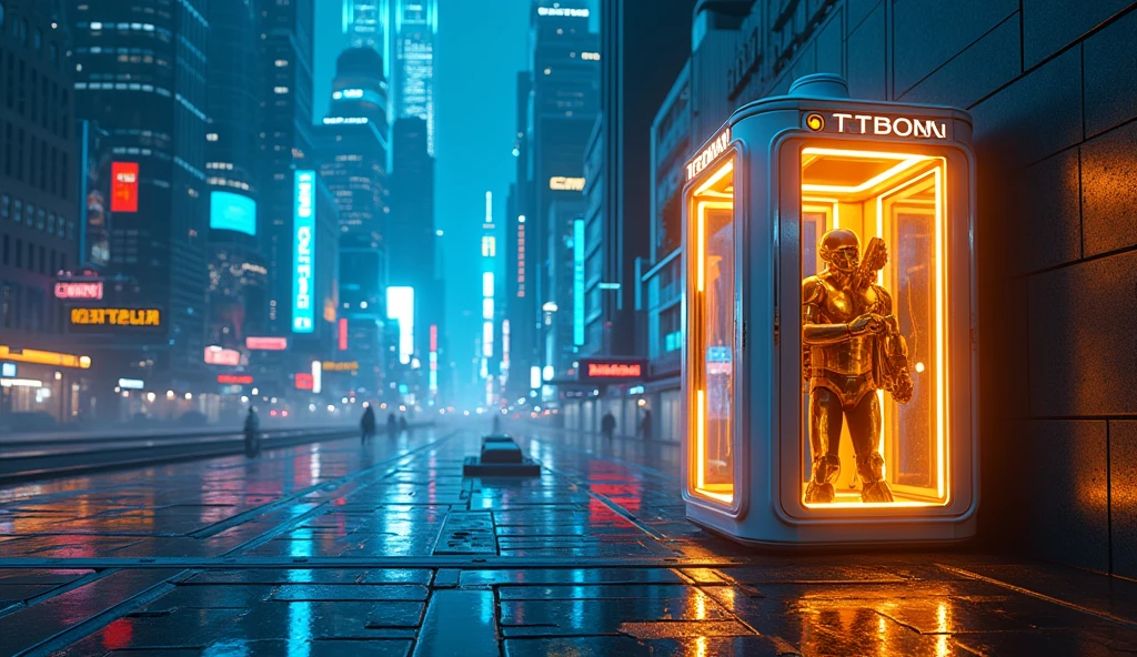 There is a phone booth in a futuristic city, written on the booth: TEDOMA, positioned on the right corner of the image,  contrasting colours, rendered in keyshot, futuristic cabins, cabine no estilo TRON LEGACY, lights in blue and golden colors, cabin made of glass, transparent cabins, cyberpunk, Time Machine, represented as a 3D rendering, 3D rendering beep, promotional rendering, sci-fi magic highly detailed.