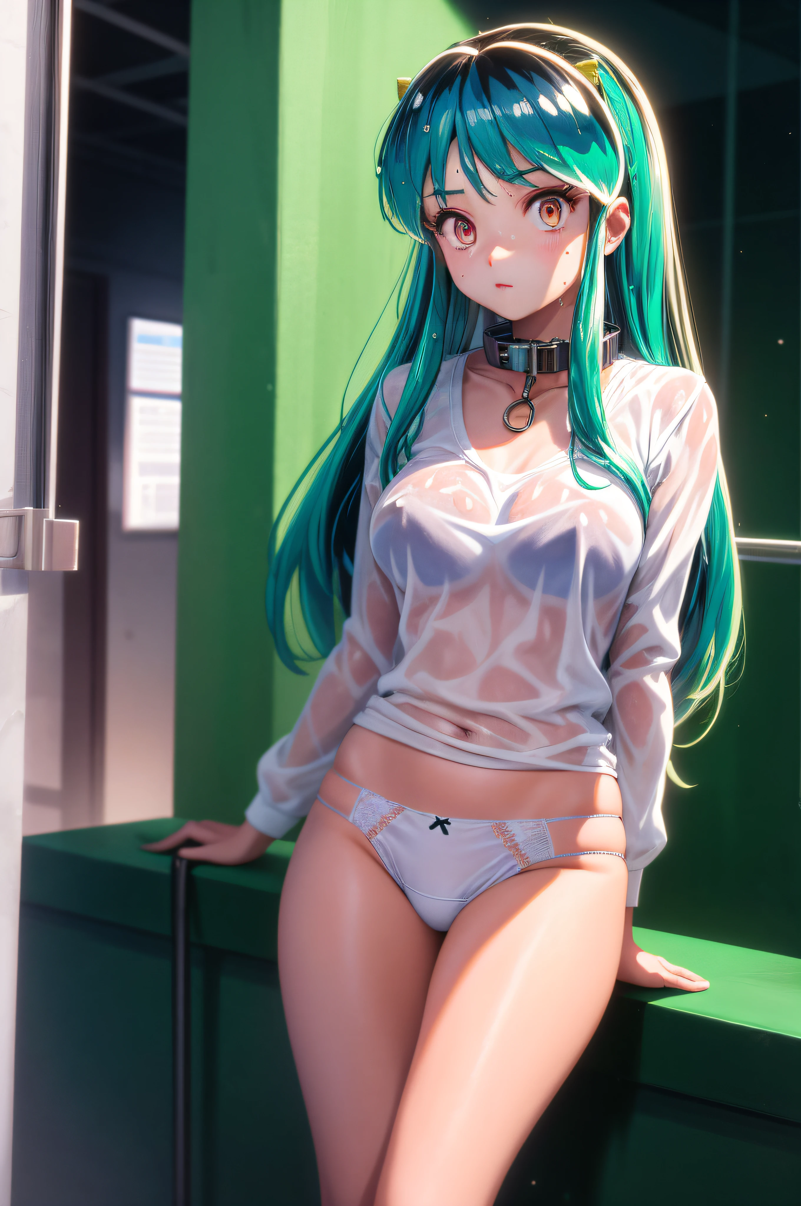 Ram Invaders, Large Breasts, Wet, 1.4), (White clothes: 1.2) Sweat, Mini panties, Highest quality, Ultra-high resolution, Maximum resolution, Super detailed, anime, background, girl, very cute, Medium Hair, Black Hair, Hair Ribbon, Hair Clip, Colored eyes, collar, slave