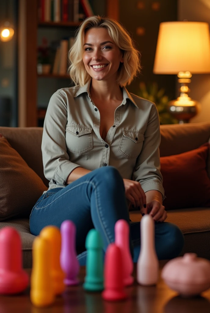 dildo sextoy enthusiast,short blonde haire. She has an hourglass figure, massive breasts. ,Wide hips (implants), Prominent buttocks (implants). She's fully clothed, not naked or topless.
Warm interior of her home, with subdued lighting creating an intimate, welcoming ambience.
Woman seated on a comfortable sofa, dressed in a shirt, skinny jeans that show off her figure, and stilettos that add a touch of sophistication
Coffee table in front of her, carefully arranged with a selection of (sextoys penis dildo:1.5) in various shapes, vibrant colors and textures
She presents each piece with a knowing smile, confidently explaining the particularities and uses of each model
In a relaxed atmosphere, she shares amusing anecdotes and tips on exploring sensuality, creating a genuine connection with her audience
Light-hearted and fun exchanges, she encourages questions, making the experience interactive and engaging, while emphasizing the importance of self-knowledge and pleasure
An authentic moment of sharing, celebrating freedom of expression and personal fulfillment in a cosy, stylish setting.