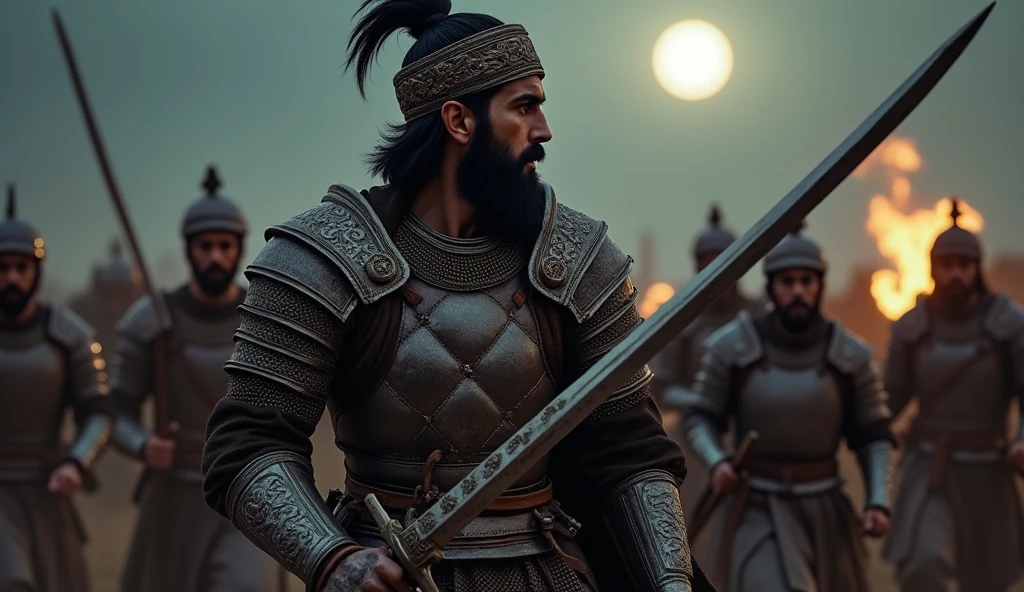 Profile, dash pose, many Muslim warriors, warriors group dash, black men , middle body, (Has black hair and a beard),(Cover the whole body in armor, ((Chinese sword in both hands)) , ((He wears a chain clothes, and Wearing a turban, body light armor))) , night ((Anatomically correct,Surrealism, uhd, retina, accurate, anatomically correct, textured skin, super detail, high details, best quality, 8k))