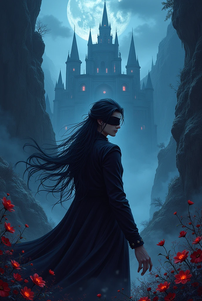 Create a man with the power to manipulate energies, with long black hair and a blindfold that detects enemies on his face, within the dark abyss in anime style. On his side, black flowers and a vast castle. He has a youthful and muscular appearance with a vampire-like attire. 