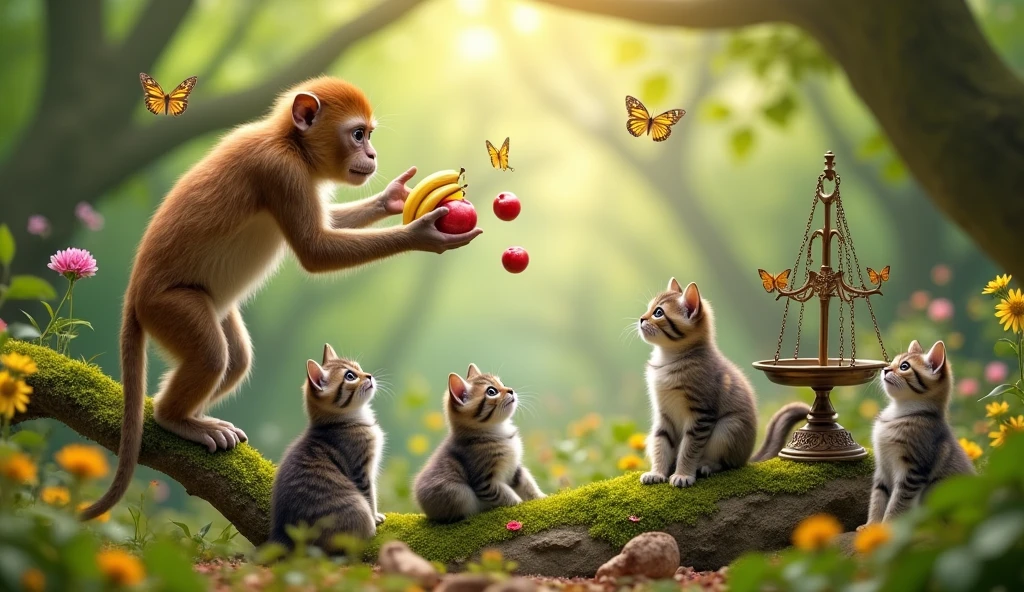 Monkey giving food to cats by telling them using a scale