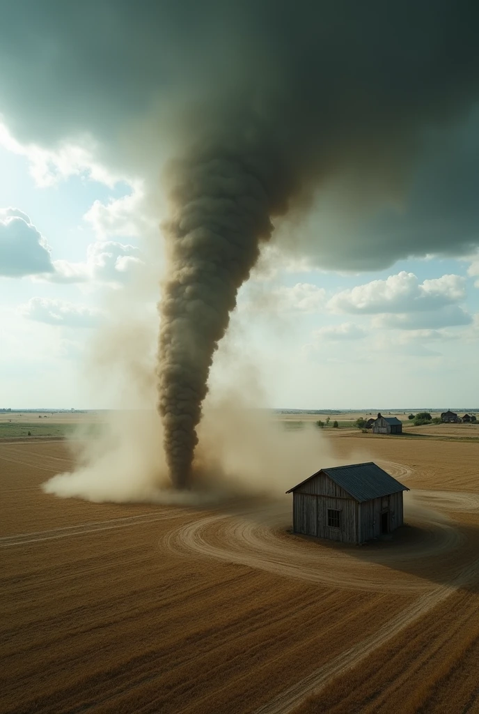 A slim Tornado on a dusty field, realistic art, drone view