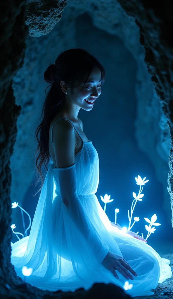 realistic photography, fantasy, a grin beautiful Japanese woman 25yo. Happy moment cute ,girl, sitting on dark cave, wearing white Chiffon fabric thai dress flowing., kneel sit ,creating glowing flowers spelling out the words text "In the midst of darkness, flowers still seek the light.", glowing blue light, dynamic color, there is flowers glowing light decorated around her, depth of field, dynamic angle, fantasy, fantastic , realistic photography,uhd,64k, shallow depth of field,