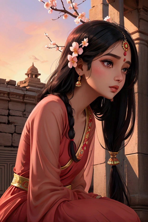 Beautiful and charming Indian woman、Translucent brown skin、Half-body photo、Attractive oval face、double eyelid、Bright peach blossom eyes、Pink Lips、Small Nose、Long black hair、profile、Looking up at the sky、Face close-up、Ultra-high resolution、Super detailed、indian ruins、god秘的、A background bathed in light、god々Shii、Red dress。
