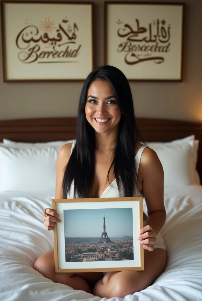 Une femme brune. Les cheveux raides, écartés ou un peu écartés du cou, pas longs, de couleurs noirs. Une femme un peu volumineuse par sa forme physique. Assise dans une grande chambre d'hôtel, sur un lit de l'hôtel, souriante, la tête droite, le regard droit fixé vers l'avant, portant dans ses mains une grande photo qu'elle montre bien vers l'avant de sorte que la photo qu'elle montre soit un peu décollée de sa poitrine et derrière elle, accroché sur le mur, un tableau avec 2 écritures sur le tableau. L'une qui dit en arabe : Bienvenue à Berrechid et la deuxième en langue française qui dit : Bienvenue à Berrechid.
