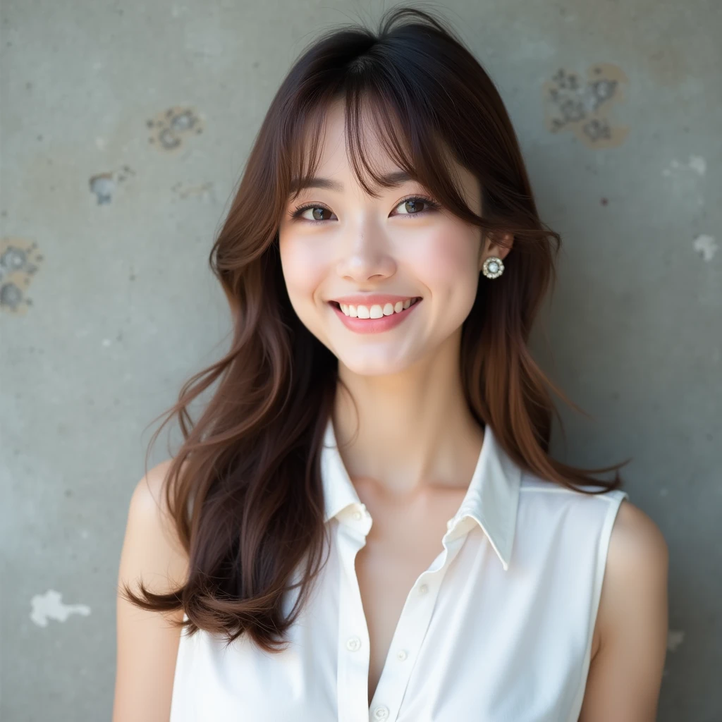 Natural Makeup、Beautiful woman、Beautiful Japanese、Brown hair color、Earrings、White sleeveless blouse、The body is tilted and looking at the camera.、Smiling Kindly、Thready hair、Simple concrete background、No bangs、鎖骨下のHeavy ends、Destructive beauty、Straight Hair、Cute adult woman、Half face、gloss髪、Long bangs、gloss々のStraight Hair、Western style、A different woman from last time、semi-long、Heavy ends、もっとBeautiful woman、サラサラStraight Hair、Cute woman with big eyes、healthy
