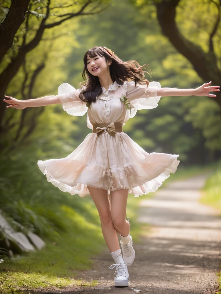 Photo-realistic quality、A Japanese female model wearing a dress and white shoes is dancing on a forest path., ダンサーのcute遊び心のあるポーズ, Smiling like a fairy queen, Ruffled Costume, cute,  In a dress, Wearing long, loose clothing, Spin around,  Forest Fairy、Cute smile、Relaxed and gentle expression