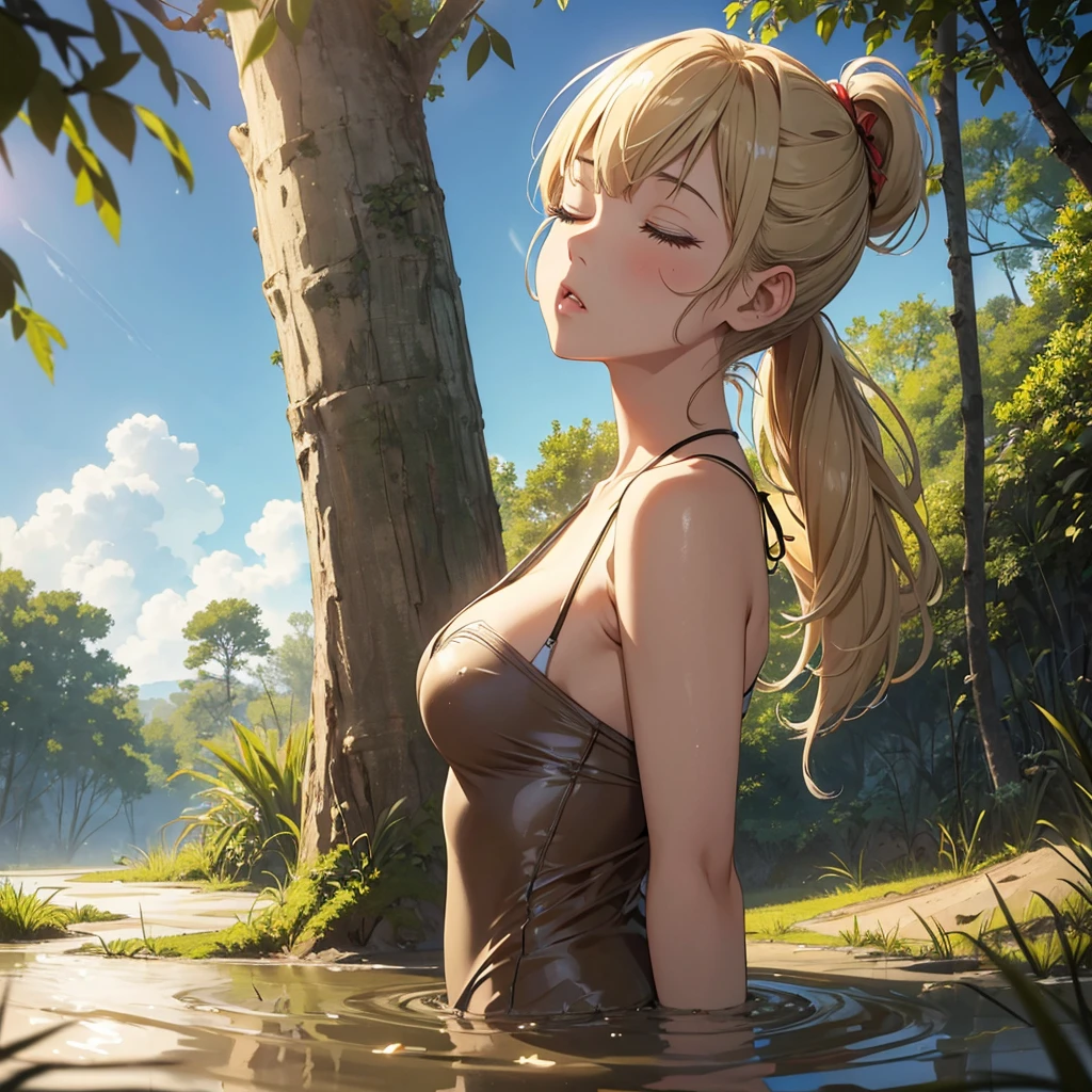 1girl, solo:1.5, masterpiece, best quality, high res, highly detailed, (illustration), beautiful detailed eyes, yuigahama yui, blonde hair ponytail, glossy lips, light makeup, orgasm, (looking up to the sky:1.5), (mouth open:1.2), intimate moment, wearing a string bikini, cleavage, (quicksand:1.4), (from side:1.4), bog, swamp, grass, trees, (eyes closed:1.3), gasping