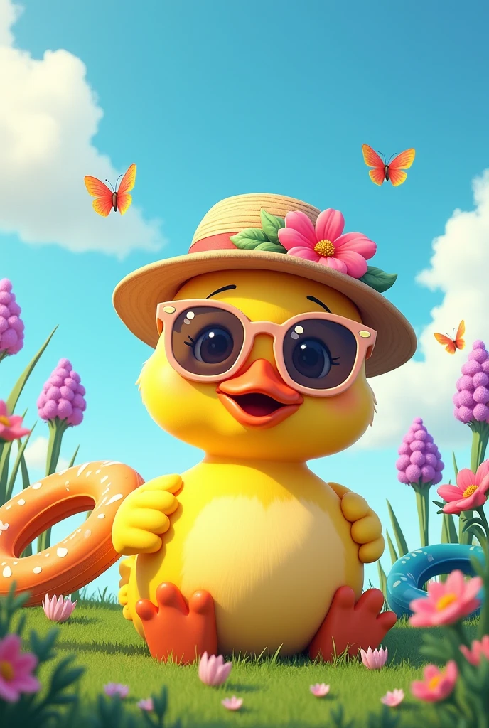 Cute duck,sitting on ground into Green Grass with flowers,soft pink touch,wearing a flowers hat,cartoon,sun butterflys sunglasses,swimming tires