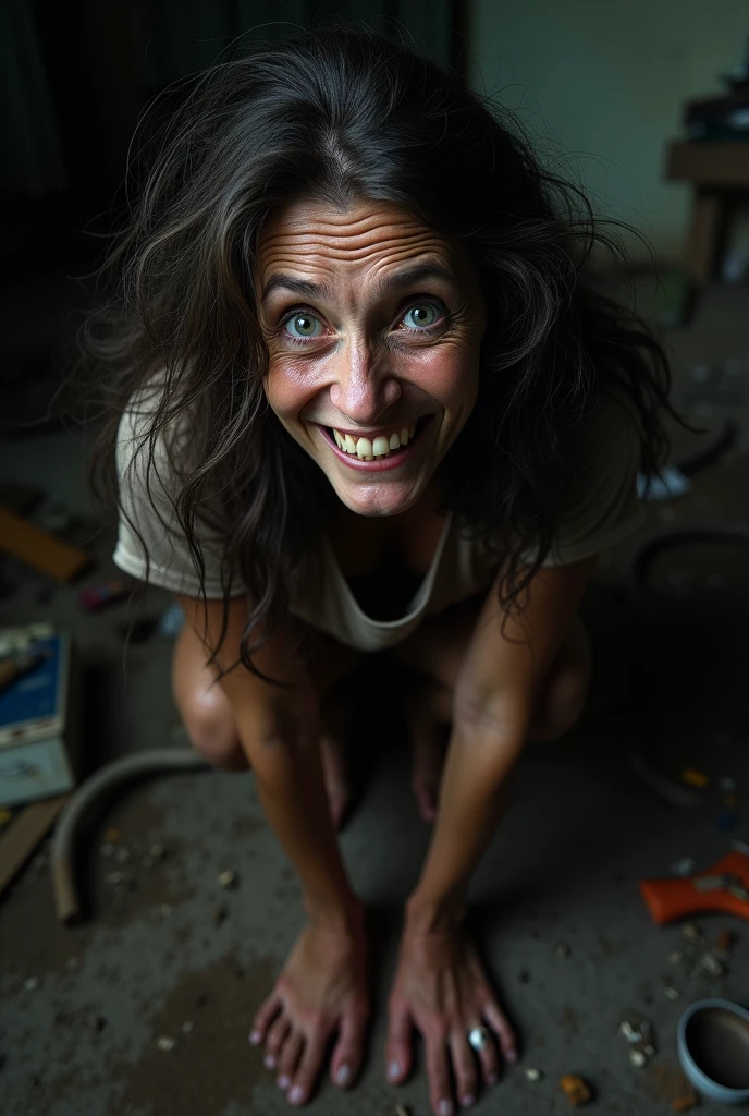 Very ugly, disgusting, hairy woman without teeth who squints with her crooked nose.