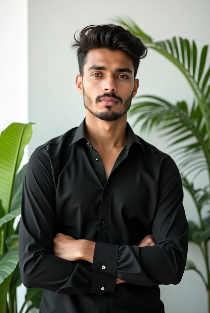 A handsome 20 years old indian boy with lite moustache , no beard, photoshoot, white background with green plants , simple pose , rough dry face skin , full body view , black shirt