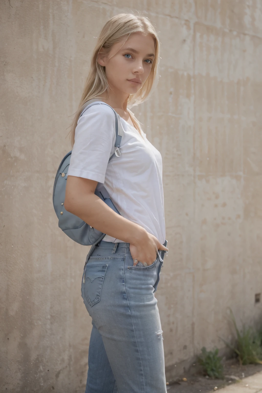 Odette, a girl with ash blonde hair and sky blue eyes, wearing a white shirt and jeans, gray shoes, and a solar backpack hanging from her left shoulder..