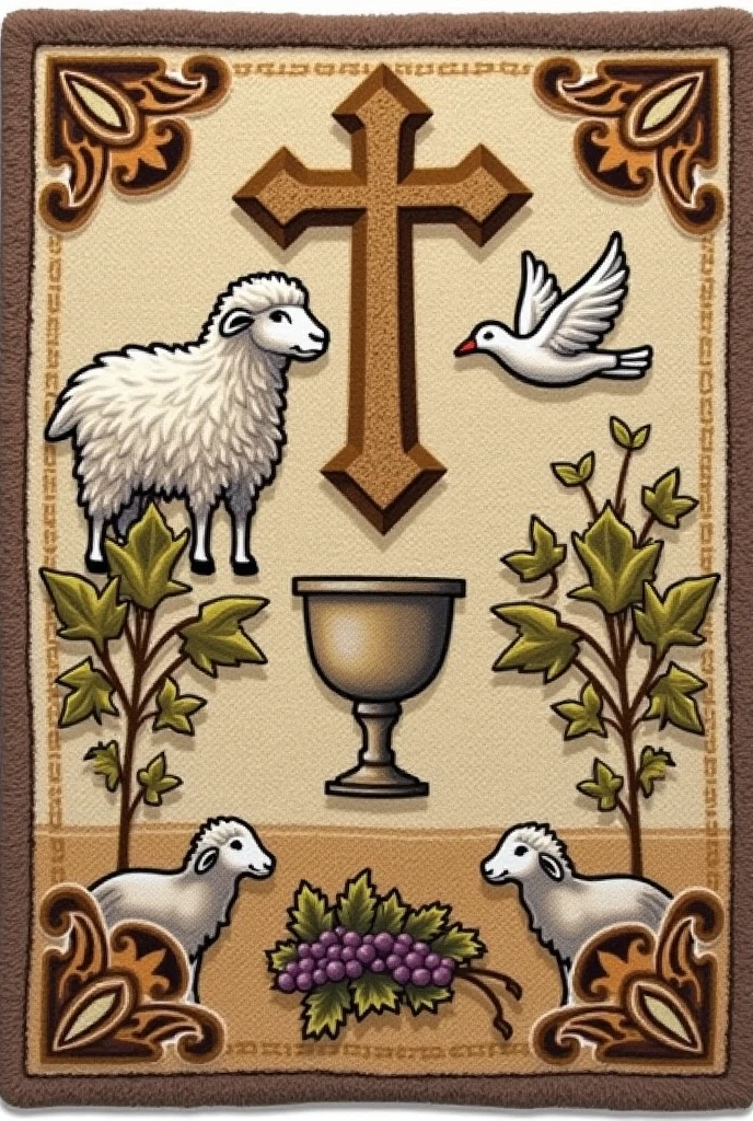 It generates an image that is not so colorful and artificial, that it looks more like a colored drawing for a rug
, the rug should have an image of a lamb, sheep, cruz, paloma, copa
y uva