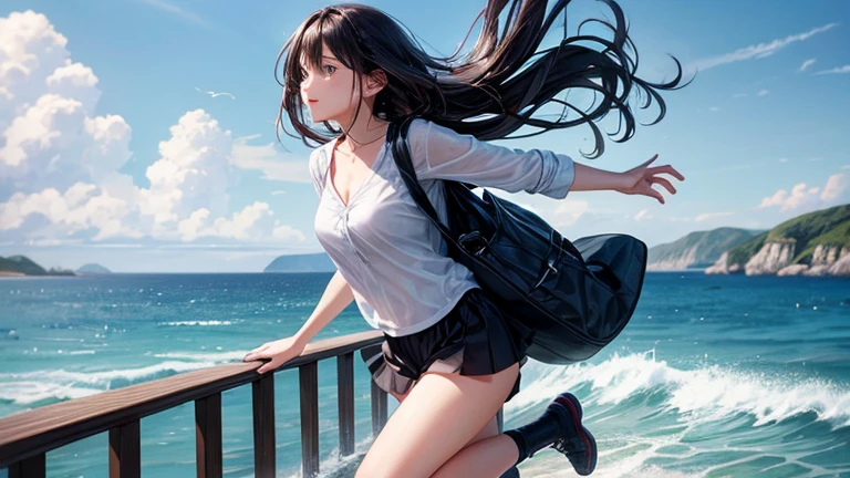 A lightly dressed woman rides in an open car、Please draw an illustration of someone running along a road by the sea.。The woman's expression is cheerful、In the background you can see the white sand beach and the crashing waves of the ocean.。Expresses a scene that captures a refreshing summer moment.。