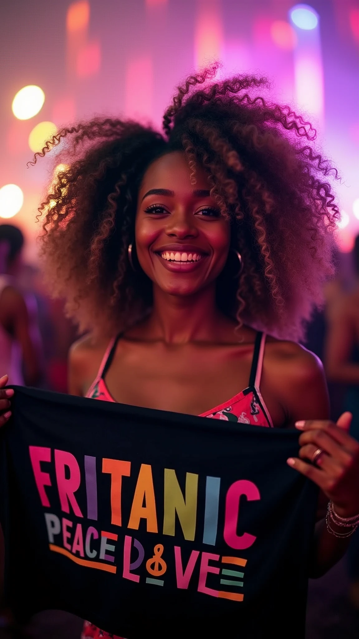 An ultra-realistic and highly detailed image of a black woman with curly hair and light-colored highlights at the tips. She has honey-colored eyes. She is at a rave with lights all around her. She is smiling broadly and holding a black fabric banner with the word "FRITANIC" written in playful, rainbow-colored letters. Next to the word is a fully colored peace and love symbol. The image features a bokeh effect around the woman and a vignette effect. The scene is captured with a Sony A7R IV paired with a 35mm f/1.4 GM lens, ensuring stunning clarity and rich colors. The lighting is vibrant and dynamic, with the rave lights creating a lively atmosphere. The aspect ratio is 9:16, emphasizing the vertical composition