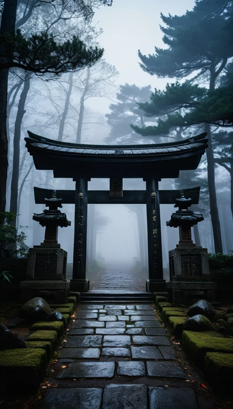 Japanese Shrine, stone gate, Thick Fog, darkness