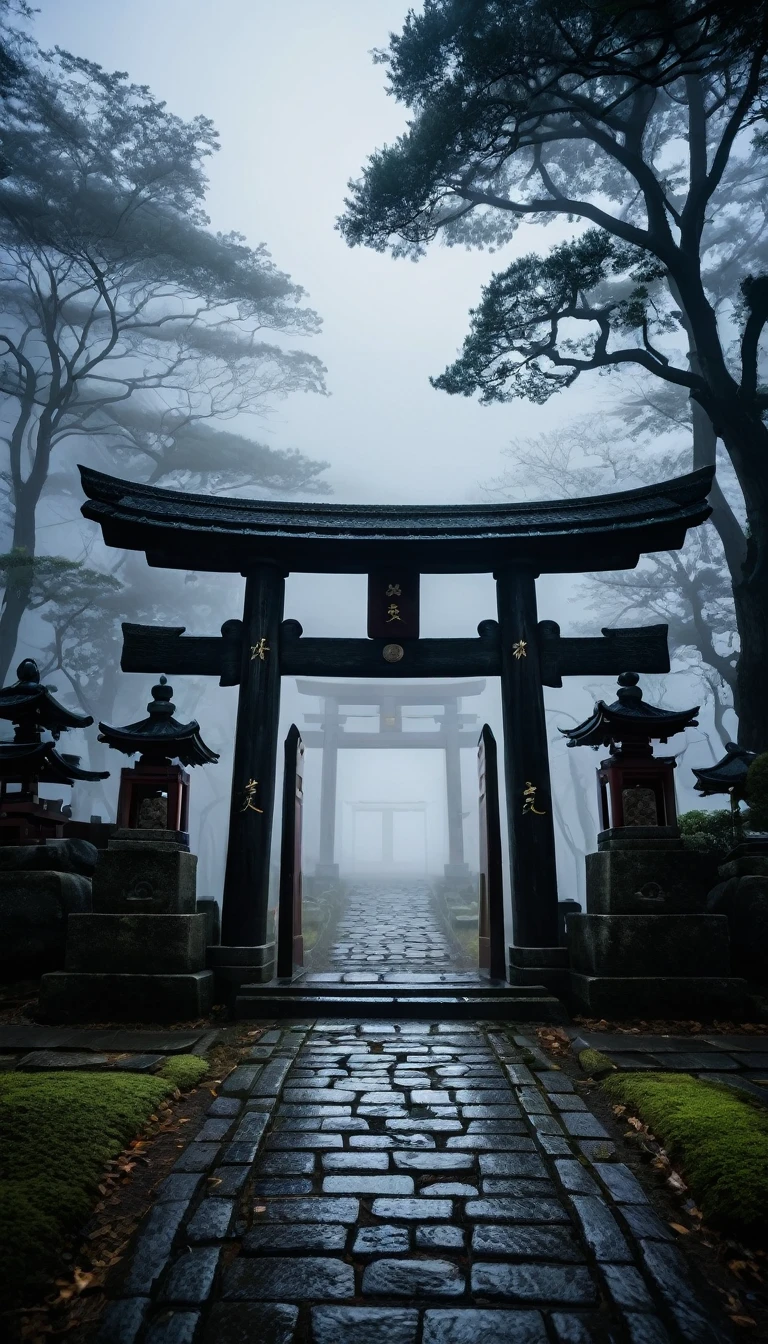 Japanese Shrine, stone gate, Thick Fog, darkness