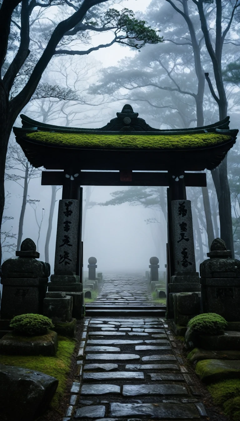 Japanese Shrine, stone gate, Thick Fog, darkness