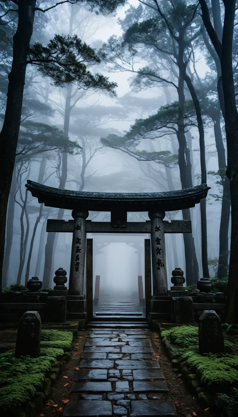 Japanese Shrine, stone gate, Thick Fog, darkness