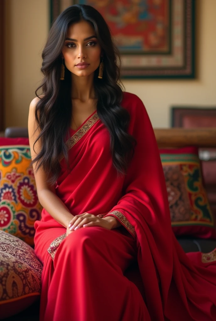 A hot indian girl in red saree g with long hair and big breasts sits with her legs stretched out, taking a realistic photo