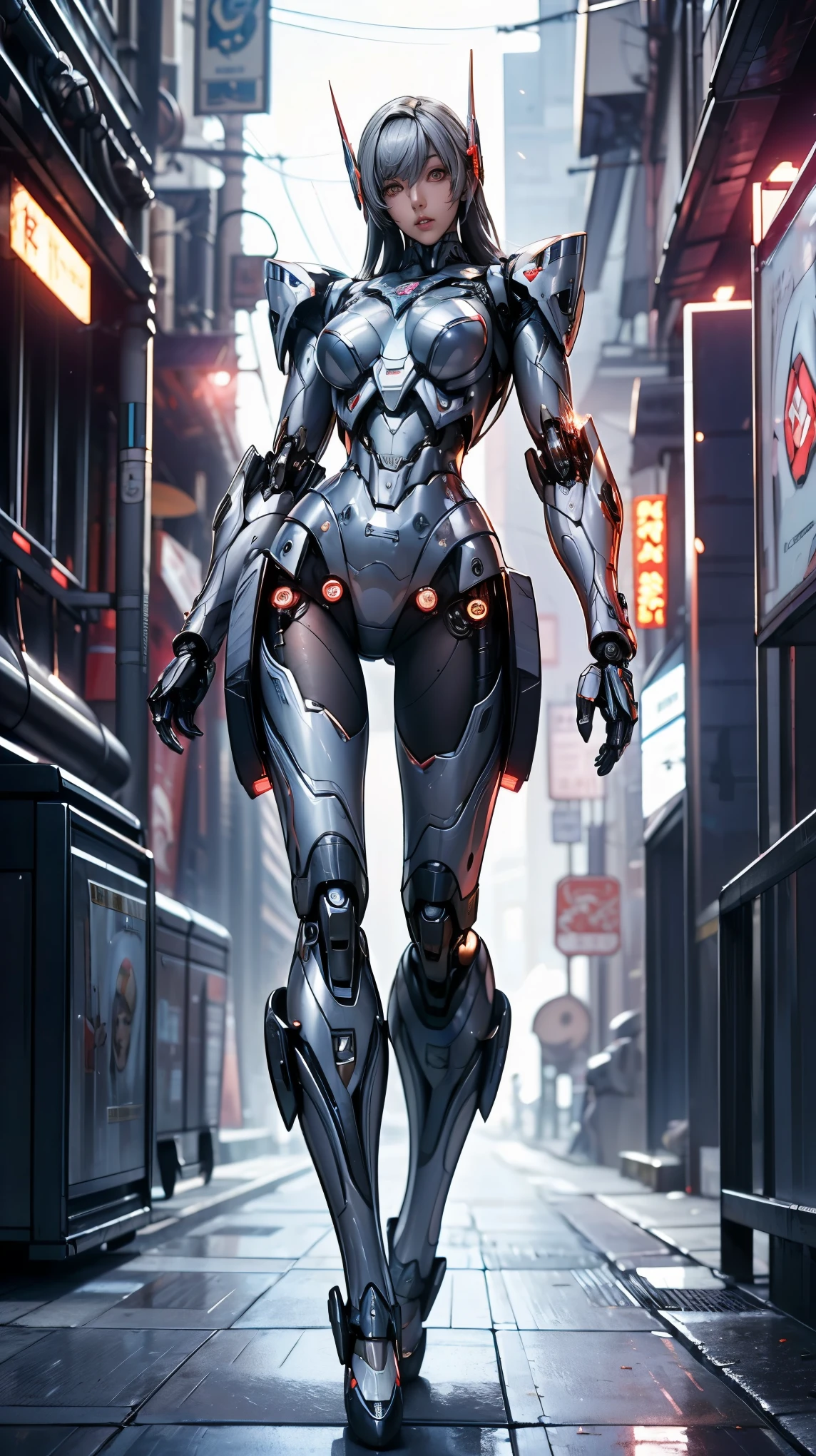 ((Robot Girl, Mecha)), Glowing Eyes, Delicate face, Broken Armor, Mechanical aura, Mechanical arm, Gray Hair, Long Hair, Ceramic body, Thigh Gap, Small breasts, Cyber Background, Very nice city, (translucent, Reflex muscles), 8k, Highest quality, Very detailed, (Surrealism: 1.4),  