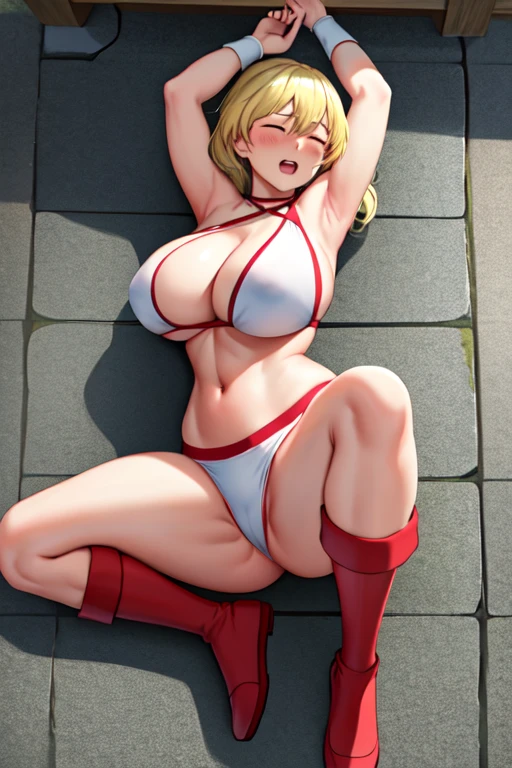 masterpiece, best quality, beautiful art, high resolution, well formed hands, body and fingers, 1 woman, solo, Lucoa , 31 years old, full body picture, grown up, adult, large and big breasted, cleavage, hair ornament, wearing a Tyris Flare outfit , white_bikini, full body, sexy and skimpy bikini, gorgeous hips, legs and thighs bouncing breasts, red boots,ryona , in peril, she is being beaten up by her opponent, closed eyes, she is knocked down and she is slapped in the face , she falls down backwards, falling down on the floor, receiving the impact of her opponent's attacks, closed eyes, screaming in pain and agony, heroine in peril, ryona and perilous scene, bouncing breasts, weak and helpless, martial arts tournament on the beach