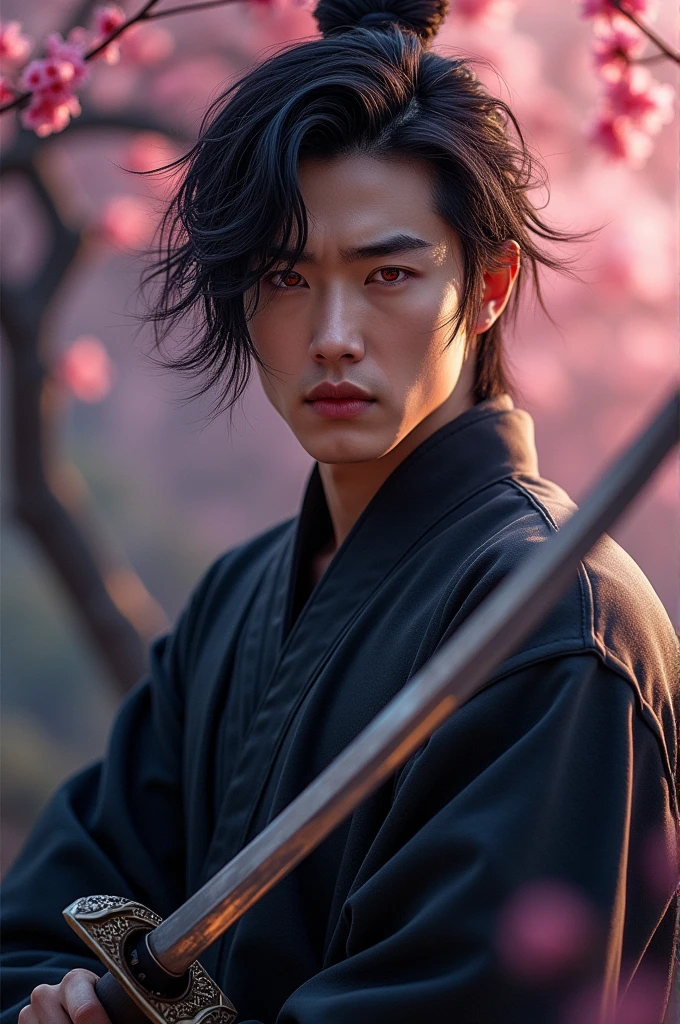 Korean handsome, male, katana, black hair, red eye.