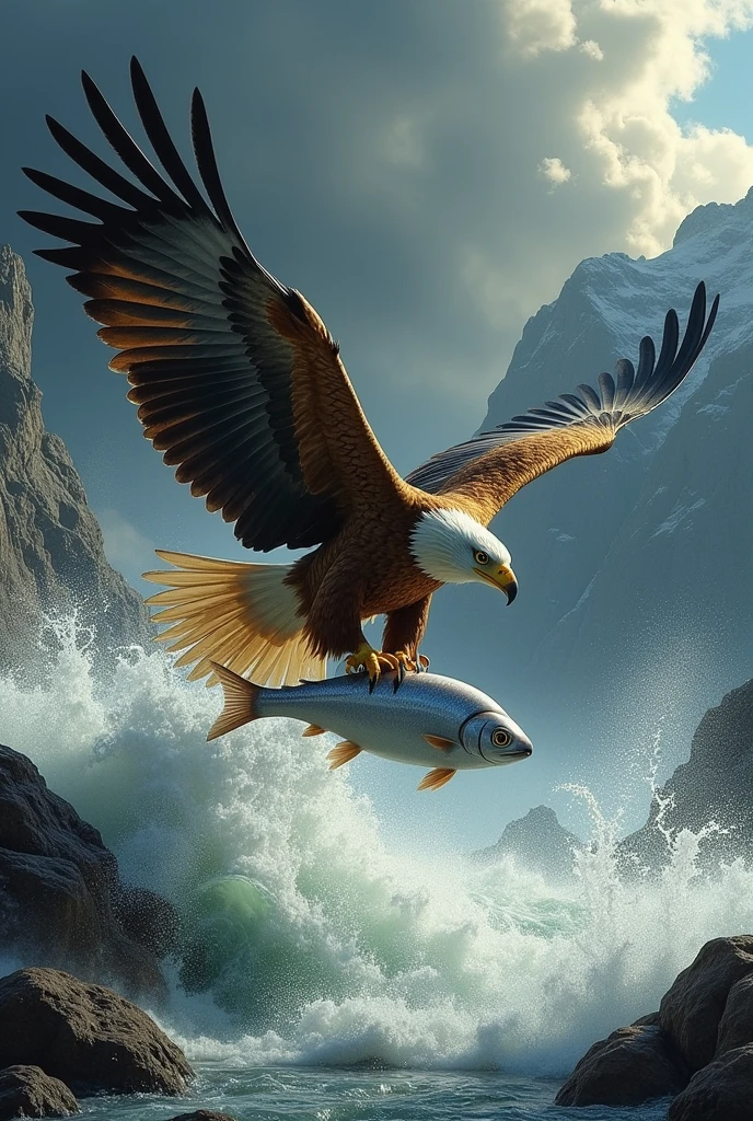 Generate an image of a giant golden eagle catching a white fish in boiling water with its claws tightly gripping the fish's head 