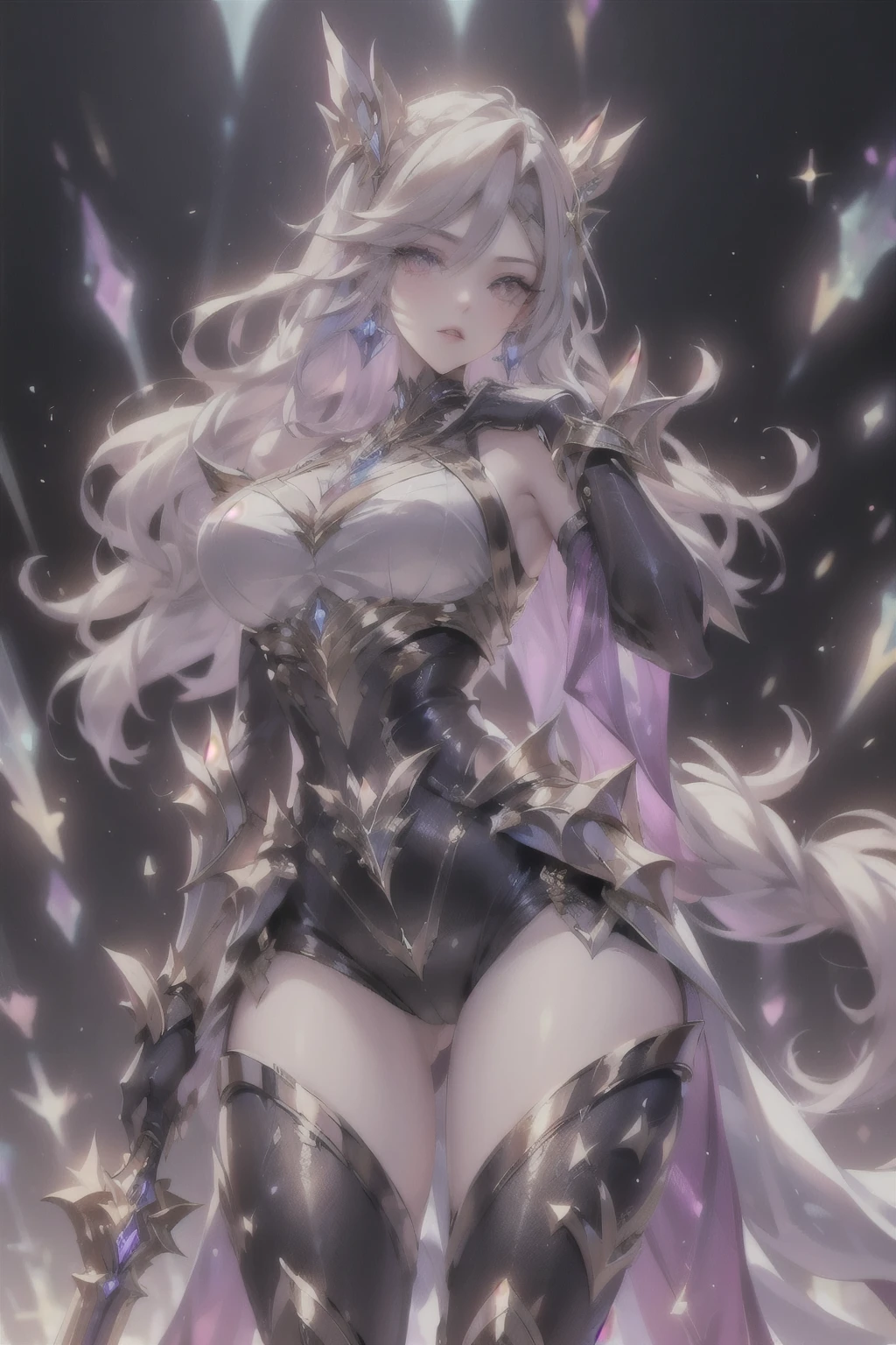 super realistic image, high quality uhd 8K, of (1 god girl, Hilyn), detailed realistic ((athletic body, high detailed)), ((tall model)), (skinny waist), ((beautiful bright blonde long hair)), ((no beard)), high detailed realistic skin, (((powerful and fantastic full armor, divine golden fantasy armor))), (((casting lightning magic spells with great golden fantasy sword))), ((white fur cape)), ((magical hearts of light)), (in guardian position, in the valhalla), real vivid colors, standing