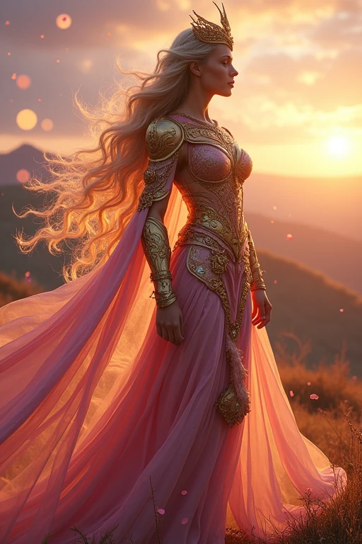 A goddess in rose and golden armor