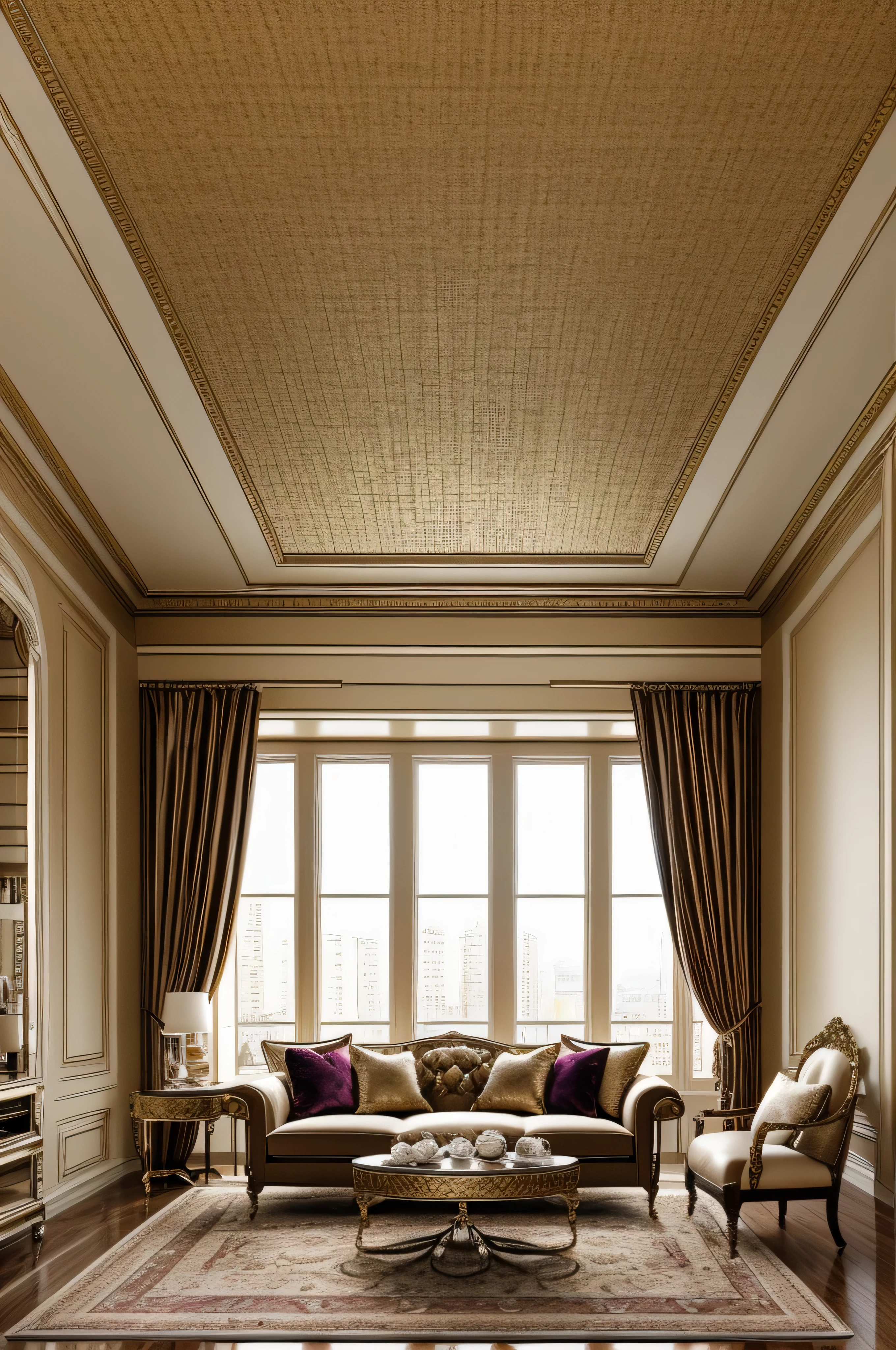 "Create an image of luxurious home decor featuring an elegant and sophisticated interior. The room should showcase high-end furniture with rich textures, such as a velvet sofa and a marble coffee table. Include decorative elements like a statement chandelier, ornate rugs, and stylish art pieces. The color scheme should be refined, with neutral tones accented by metallics or jewel tones. Large windows should let in natural light, highlighting the opulent details and creating a welcoming yet lavish atmosphere."