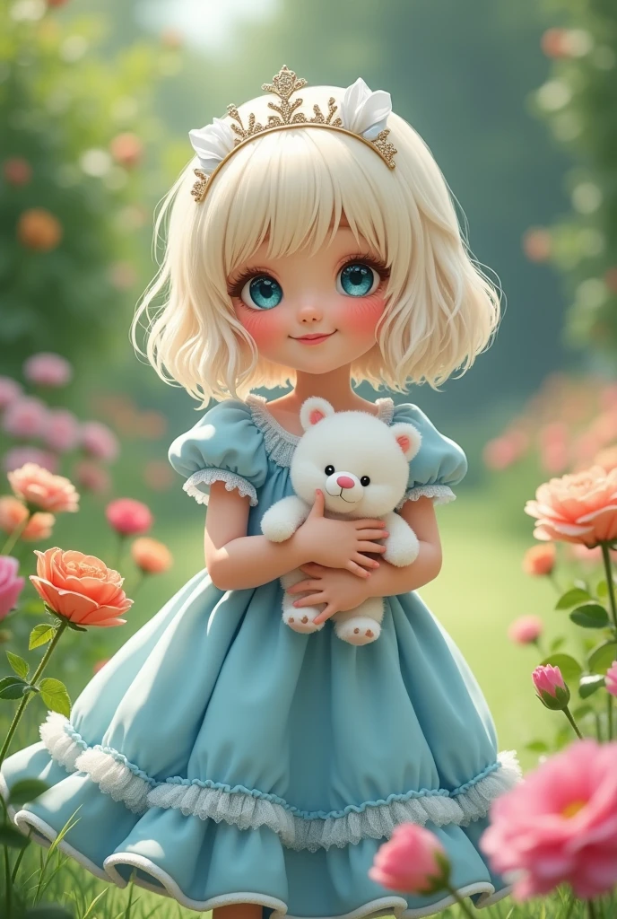 Holding a white and fluffy stuffed animal、Looking at this side with a wide smile、With aquamarine eyes、With fluffy platinum blonde hair in a bob cut、Dressed in a sky blue frilled dress、With a white ribbon and a small crown-like hair ornament in her hair、A 7-year-old noble girl